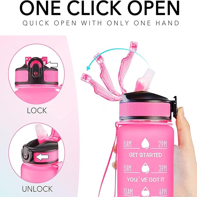 Mimi 32 oz Water Bottle with Times Marker to Drink and Straw, Carrying Strap, Leakproof Tritan BPA-Free, Ensure You Drink Enough Water for Fitness, Gym, Camping, Outdoor Sports