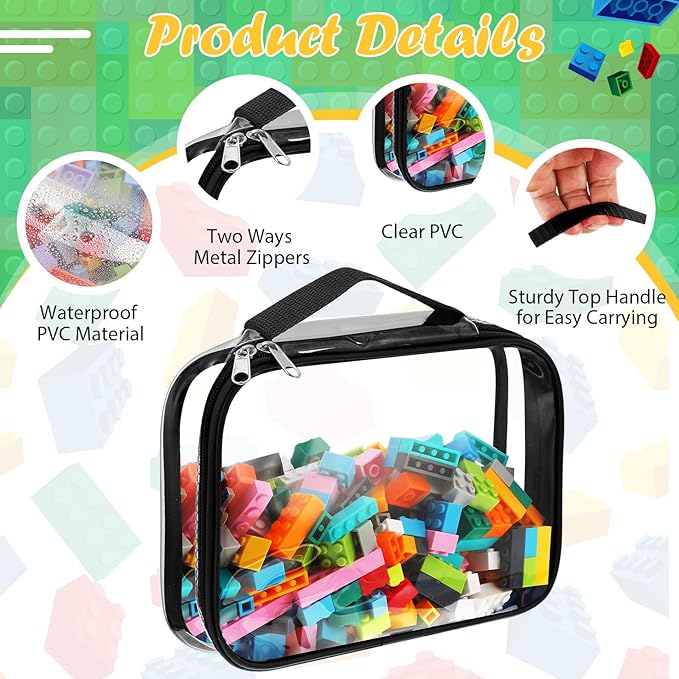 Sanwuta 3 Packs Toy Storage Bags with Zipper, Clear PVC Organizing Bags, Waterproof Toy Bags for Board Games, Building Blocks, Toys and Kids Books (Black,14.96 x 11 x 3.94 Inch)