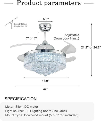 42'' Crystal Chandelier Fan Fandelier Retractable Ceiling Fans with Light and Remote, Invisible Fandelier Ceiling Fan with Light for Bedroom (Crystal-Silver)