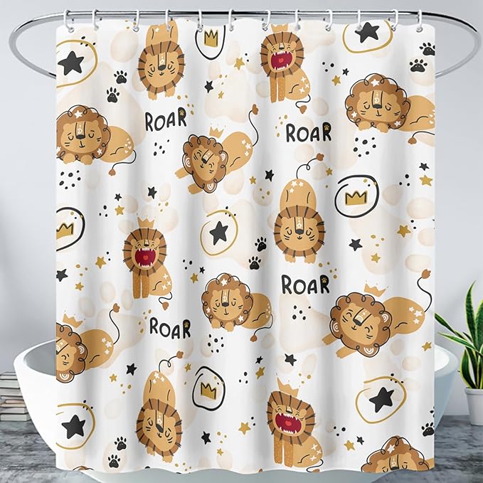 AILONEN Cute Lion Shower Curtain for Bathroom, Children Kwwaii Animal Bathroom Curtain Decor,Printed Bath Curtain for Boys Girls 60" W*72" H Polyester Waterproof Bathroom Curtain with 12 Hooks
