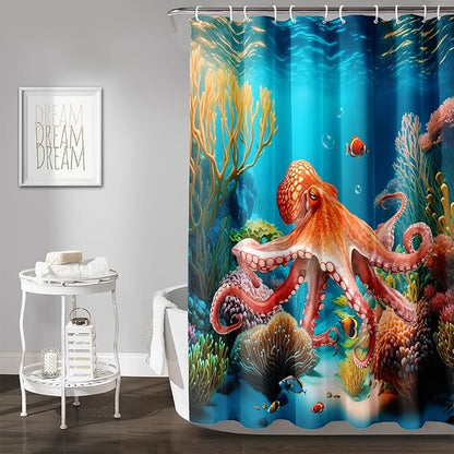 AILONEN Kawaii Octopus Shower Curtain,3D Octopus Turquoise Themed Bath Curtain Cloth Fabric Bathroom 36" W*72" H Inch,12 Pack Hooks for Kids Child,Boho Mandala Ocean Theme Bathroom Curtain
