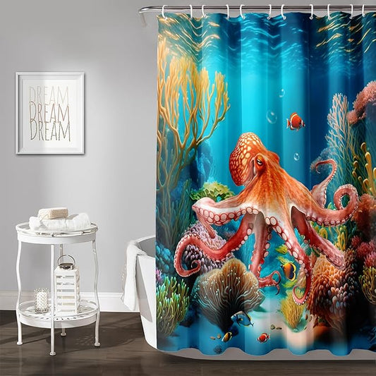 AILONEN Kawaii Octopus Shower Curtain,3D Octopus Turquoise Themed Bath Curtain Cloth Fabric Bathroom 36" W*72" H Inch,12 Pack Hooks for Kids Child,Boho Mandala Ocean Theme Bathroom Curtain