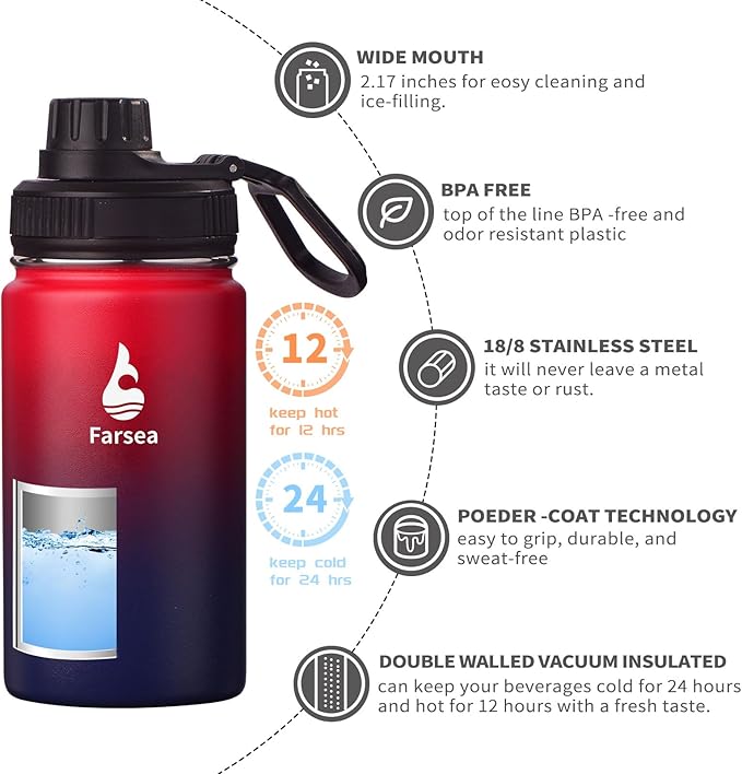 Farsea Insulated Water Bottle With Paracord Handle, Protective Silicone Boot and 2 Lids (Straw Lid & Spout Lid), Stainless Steel Water Bottle Wide Mouth, Double Wall Sweat-Proof BPA-Free,12 oz