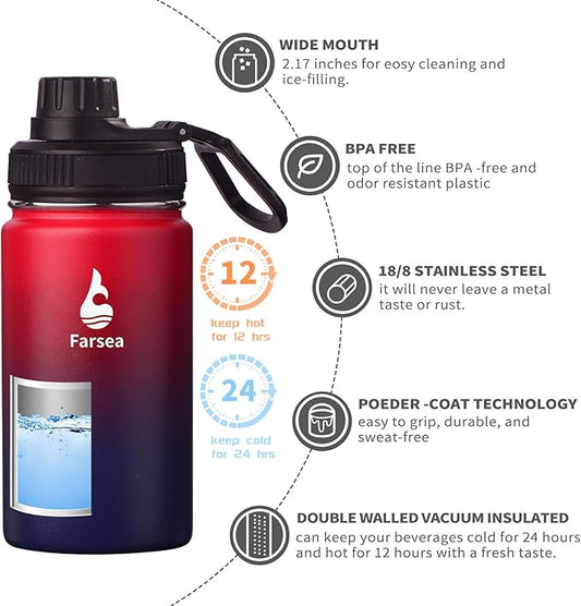 Farsea Insulated Water Bottle With Paracord Handle, Protective Silicone Boot and 2 Lids (Straw Lid & Spout Lid), Stainless Steel Water Bottle Wide Mouth, Double Wall Sweat-Proof BPA-Free,12 oz
