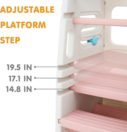 SDADI Multifunctional Toddler Tower with Double Safety Rails - Adjustable & Non-Slip for Kitchen and Bathroom Use - Montessori Step Stool for Kids, Beige and Pink