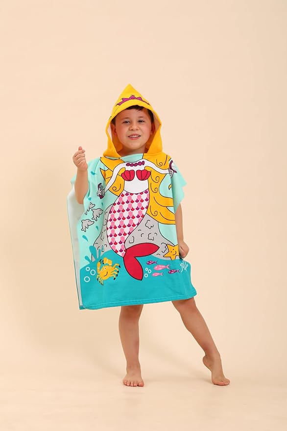 Mermaid Hooded Towels for Kids, Kids Beach Towels for Boys/Girls, Swimming Towels/Towel Robes/Wearable Towels/Pool Towels for Kids 2-10, Poncho Beach Towels for Kids, Hooded Beach Towels for Toddler
