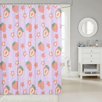 Feelyou Purple Strawberry Bathroom Waterproof Accessories with 12 Hooks Kawaii Fruit Shower Curtain for Kids Boys Girls Cute Stars Strawberry Fabric Shower Curtain Kawaii Lovely Curtains,72x72 Inches