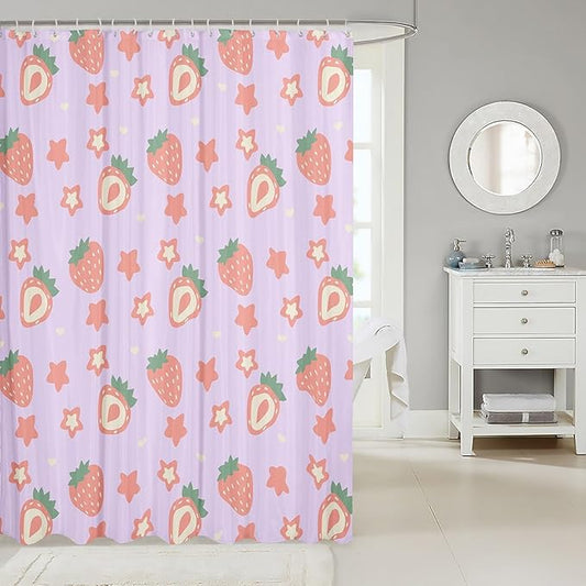 Feelyou Purple Strawberry Bathroom Waterproof Accessories with 12 Hooks Kawaii Fruit Shower Curtain for Kids Boys Girls Cute Stars Strawberry Fabric Shower Curtain Kawaii Lovely Curtains,72x78 Inches