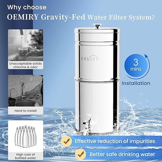 2.25G Gravity Water Filter System, NSF/ANSI 42&372 Standard, 304 Stainless Steel Countertop System with 2 Carbon Filters and Stand, Reduce 99% Chlorine and Lead