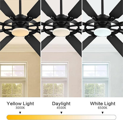72" Ceiling Fan with Lights and Remote Control, Wood 8 Blades 6-Speed Noiseless Reversible DC Motor, 3 Downrods, Modern Large Ceiling fan for Covered Patio Bedroom Dining Living Room, Black