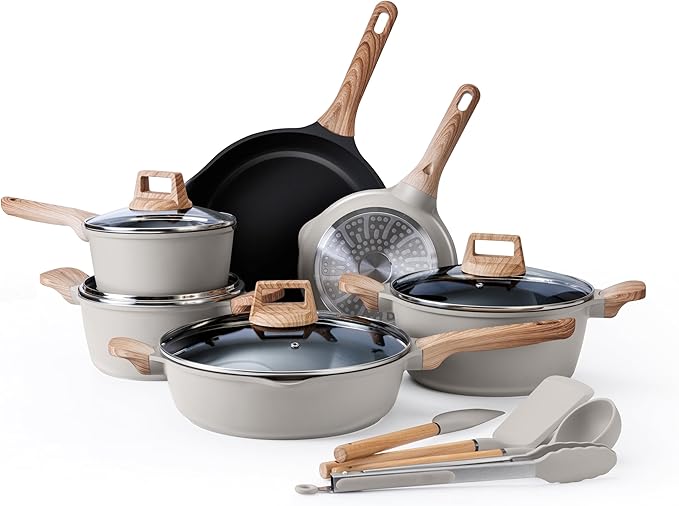 Country Kitchen Pots and Pans Set Nonstick, Cast Aluminum Kitchen Cookware Set with Utensils, 14 Pcs Non Stick Cooking Set w/Frying Pans & Saucepans
