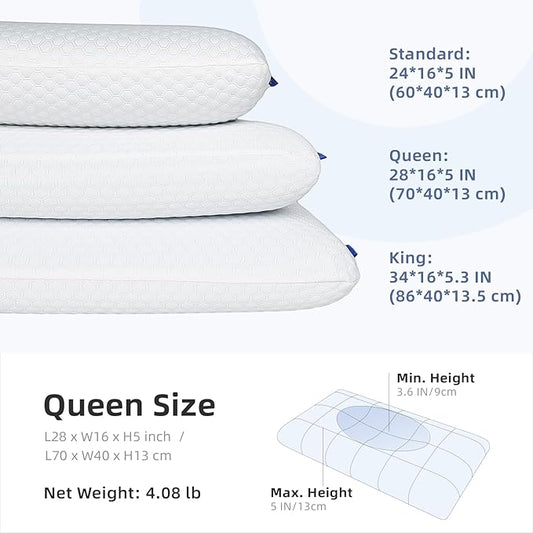 inight Queen Memory Foam Pillow, Side Sleeper Pillow, Queen Pillow for Back Sleepers, Ergonomic Pillow, Memory Foam Pillow Queen Size, Oeko-TEX & CertiPUR-US