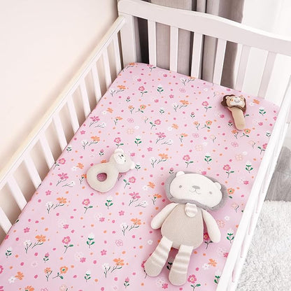 PHF Soft Crib Sheet Fitted, 2 Pack Baby Sheets for Boys Girls, 28x52x9in Fits Standard Crib and Toddler Mattresses, Silky Comfy Breathable Polyester Baby Mattress Sheets, Rose Floral