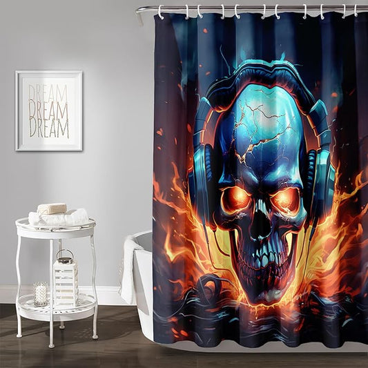 AILONEN Headset Skull Shower Curtain,Hip Hop Skeleton Fire Skull Bath Curtain,Cool Skull Decoration Bathroom Curtain with 12 Plastic Hooks,Waterproof 72" W*78" H