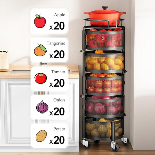 Fruit and Vegetable Basket Bowls for Kitchen with Metal Top Lid, SNTD 5 Tier Rotating Storage Rack Cart for Potato Onion Bread Banana, Wire Basket Organizer on Wheels, Large, Black