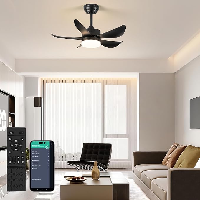 Black Ceiling Fans with Lights, 32" Dimmable LED Ceiling Fan with Light and Remote, Modern Ceiling Fans for Bedroom Kitchen Patio, Memory & Night Light, Quiet DC Motor, Reversible