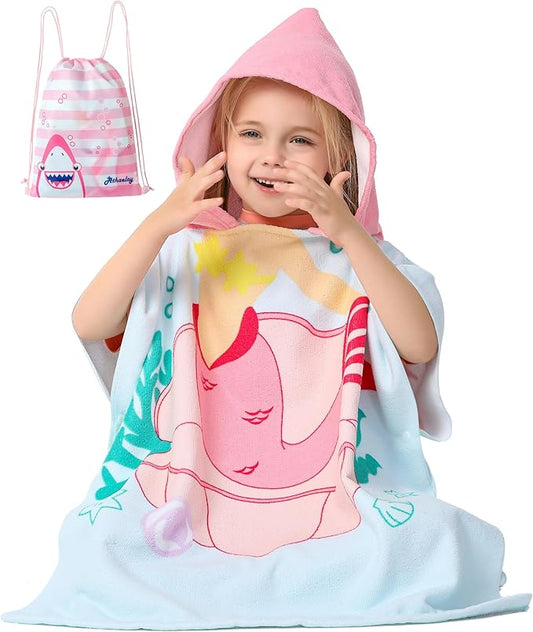 Toddler Girls' Wearable Bath Towel Mermaid Hooded Poncho Cover-ups Swimwear for Kid Girls Beach Pool