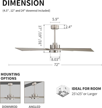 WINGBO 72 Inch DC Ceiling Fan with Lights and Remote, 4 Plywood Blades, 6-Speed Reversible DC Motor, Dimmable, 3CCT, Farmhouse Large Ceiling Fan for Bedroom Living Room Patio, Brushed Nickel and Gray