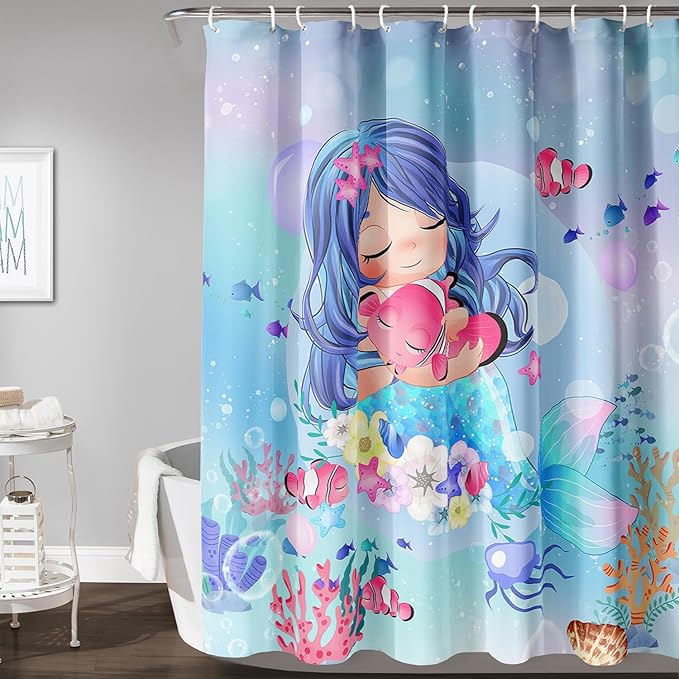 AILONEN Beautiful Mermaid Shower Curtain,Cute Mermaid Bath Curtain for Girls Teens,Ocean Curtain,Cartoon Fish Print Blue Waterproof Curtain for Bathroom Decor, 72" W x 72" H