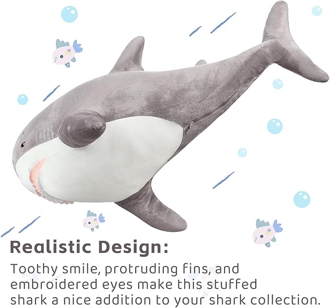 MorisMos Grey Shark Plush Toy, 51in Stuffed Animal, Giant Shark Stuffed Toy for Kids, Cuddly Plush, Birthday, 51 inch