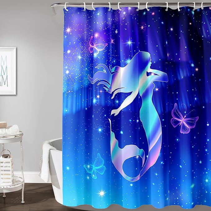 AILONEN Mermaid Shower Curtain for Bathroom,Blue Mermaid Star Girls Kids Bath Curtain 48" W*72" H,Beautiful Mermaid Decorative Waterproof Curtain with 12 Plastic Hooks