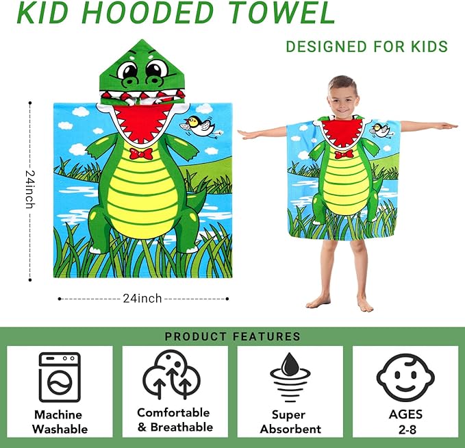 Kids Crocodile Hooded Beach Towel Boys Cute Ship Poncho Pool Towels with Hood 24*47" Soft Microfiber Swim Cover-ups Kids Ages 3-10 Thick Absorbent Cotton Hooded Bath Towels Wrap Bathrobe