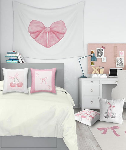 Pink Coquette Preppy Bedding Throw Pillow Covers, Preppy Trendy Aesthetic Cute Room Decor Pillows Cases, Pink Bow Cherry Disco Ball Pillowcases for Teen Sofa Dorm Girls Bedroom, 18x18 Set of 2