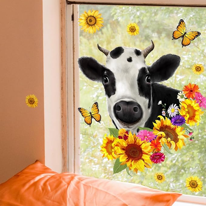 Farm Animal Wall Decals Funny Cow Sunflower Butterfly Wall Sticker Window Clings Peel and Stick Removable Self-Adhesive Wall Art Mural Bedroom Classroom Living Room Window Glass Decoration