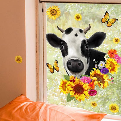 Farm Animal Wall Decals Funny Cow Sunflower Butterfly Wall Sticker Window Clings Peel and Stick Removable Self-Adhesive Wall Art Mural Bedroom Classroom Living Room Window Glass Decoration