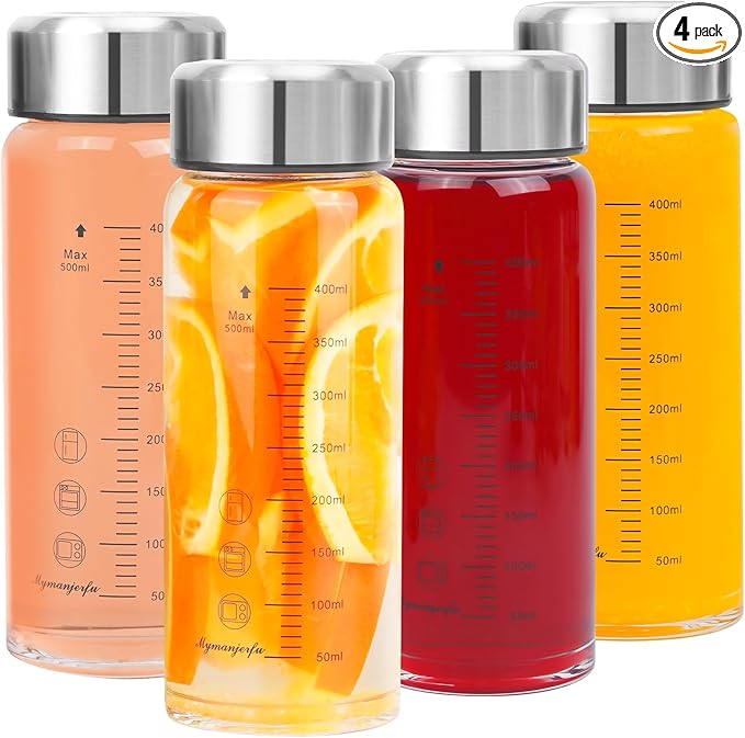 Glass Juice Bottles 4 Pack 16 oz - Wide Mouth Glass Water Bottles with Lids - for Juicing, Smoothies, Milk, Protein, BPA Free, Reusable, Stainless Steel Lids, Leak Proof, Shaker bottle (16oz/500ml)