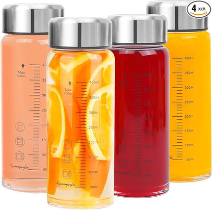 Glass Juice Bottles 4 Pack 16 oz - Wide Mouth Glass Water Bottles with Lids - for Juicing, Smoothies, Milk, Protein, BPA Free, Reusable, Stainless Steel Lids, Leak Proof, Shaker bottle (16oz/500ml)