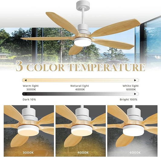 52" Ceiling Fan with Light and Remote,Reversible DC Motor,6Speed,Modern Natural Wood Ceiling Fan with Dimmable LED for Outdoor Patios Bedroom Living Room,Original Walnut and White