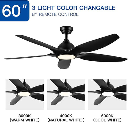 NicBex Ceiling Fan 60 Inch Modern Ceiling Fans with Integrated LED Light and Remote Control Double Finish Ceiling Fan with 5 ABS Blades for Living Room, Bedroom, Black