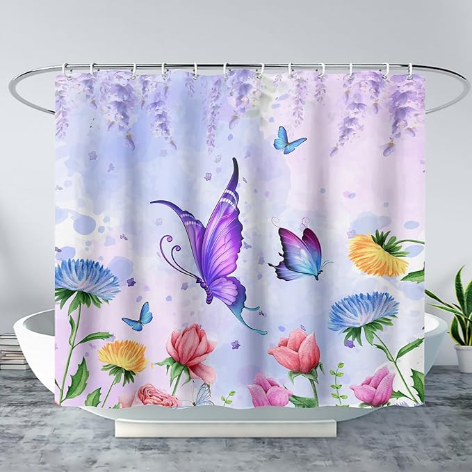 AILONEN Girls Butterfly Shower Curtain for Bathroom,Colorful Floral Flower Purple Watercolor Butterfly Printed Bath Curtain 48" W*72" H Polyester Fabric Waterproof Bathroom Curtain with 12 Hooks
