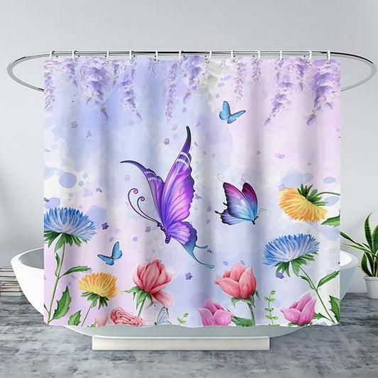 AILONEN Girls Butterfly Shower Curtain for Bathroom,Colorful Floral Flower Purple Watercolor Butterfly Printed Bath Curtain 48" W*72" H Polyester Fabric Waterproof Bathroom Curtain with 12 Hooks