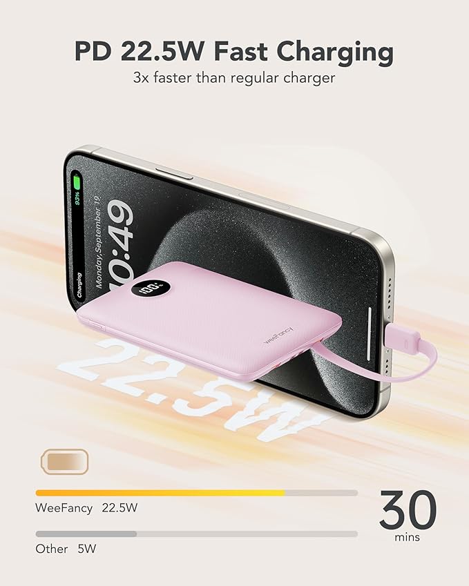 Mini Portable Charger for iPhone - 10000mAh Small PD 22.5W Fast Charging Power Bank with Built-in Cables - Travel Essentials USB C Slim Battery Pack Compatible with iPhone, Android, and More…