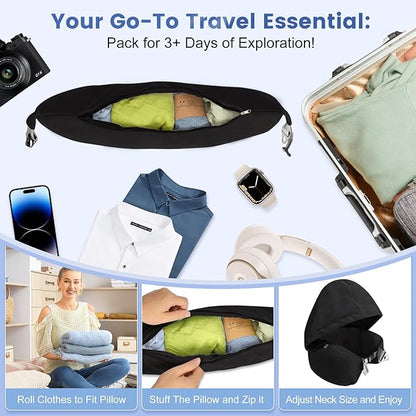 DreamShore Stuffable Neck Pillow for Travel with Hood - Adjustable Velvet Travel Pillow with Earplugs & Eye Mask, Ultimate Carry-On Travel Neck Pillow for Airplane, Travel Pillow for Extra Luggage