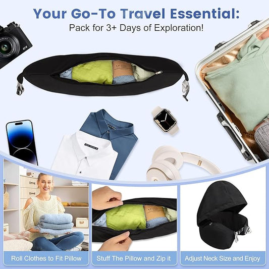 DreamShore Stuffable Neck Pillow for Travel with Hood - Adjustable Velvet Travel Pillow with Earplugs & Eye Mask, Ultimate Carry-On Travel Neck Pillow for Airplane, Travel Pillow for Extra Luggage