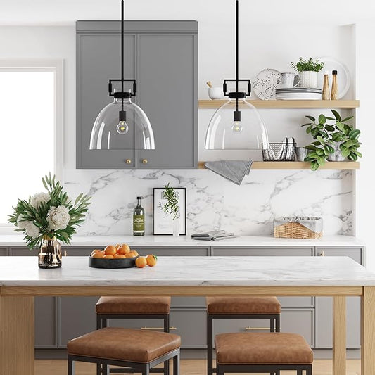 Nathan James Leigh Pendant Lighting, Black Hanging Ceiling Light with Oversized Glass Shade and Adjustable Cord, for Kitchen Island or Entryway, Matte Black/Clear, Set of 2