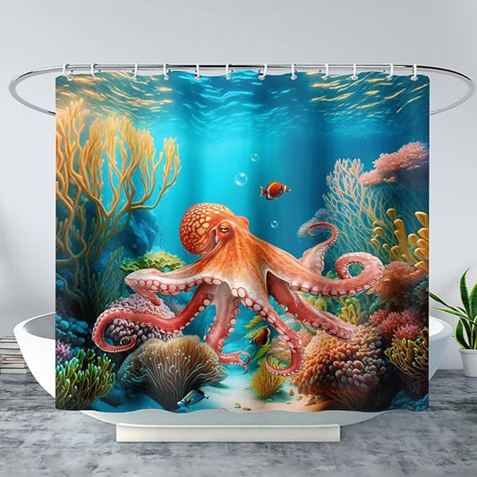 AILONEN Kawaii Octopus Shower Curtain,3D Octopus Turquoise Themed Bath Curtain Cloth Fabric Bathroom 36" W*72" H Inch,12 Pack Hooks for Kids Child,Boho Mandala Ocean Theme Bathroom Curtain