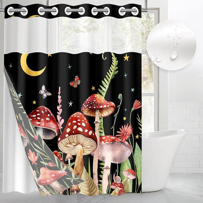 Mushroom Floral Flower No Hook Shower Curtain with Snap in Liner, Red Black Leaf Moon Bath Curtain with Double Layers Waterproof Fabric and Mesh Top Window 71x74 Inch