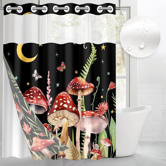 Mushroom Floral Flower No Hook Shower Curtain with Snap in Liner, Red Black Leaf Moon Bath Curtain with Double Layers Waterproof Fabric and Mesh Top Window 71x74 Inch