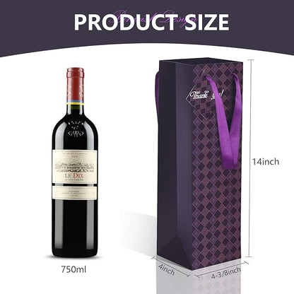 Wine Bags, 12 Packs, Strong Card Paper Wine Gift Bag with Ribbon Handles and Thank You Card, 4-3/8x 4 x 14 Fit 750ml Wine Bottle or Champagnes - Purple 12
