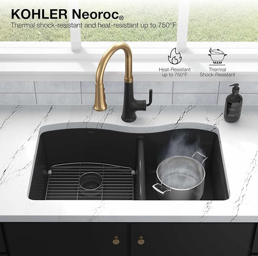 KOHLER K-8199-CM6 Cairn Sink, 33" Neoroc Composite Undermount Double-Bowl Kitchen Sink, Composite Kitchen Sink with Sink Rack, Matte White