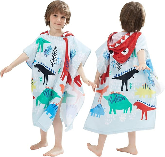 Kids Hooded Towel Bath Beach Soft Cotton Towels Boys Absorbent Pool Wrap with Hood Baby Toddler Poncho Robe(Dinotopia,3-4Years/Height:33"-43")