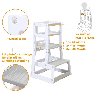 SDADI Mother's Helper Adjustable Height Plastic Kitchen Step Stool for Children, Kids Toddlers Counter Level Learning Stool for Kitchen & Bathroom,Beige and Light Grey