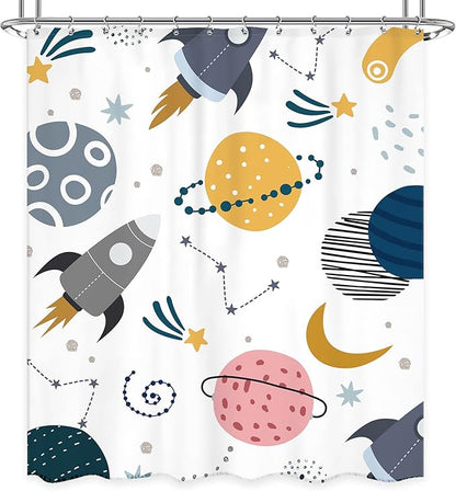 Kids Boys Space Shower Curtain 60Wx72L Inch Cute Cartoon Pink Planet Universe Funny Galaxy Rocket Star Moon Girl Cosmos Lovely Nursery Bathroom Set Bath Curtain Bathtub Accessories Home Decor