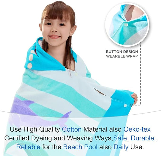 VOOVA & MOVAS Toddler Bath Towels Age 3-10,100% Cotton | Soft | Thick, Hooded Towel for Kids Girls, Perfect for Beach, Pool, Bath,Swim, Stripe Mermaid