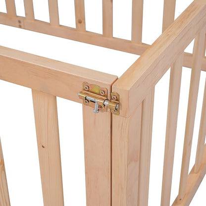 Twin Size Floor Bedframe with Door and Safety Guardrails Fence, Solid Wooden Toddler Montessori Platform Bed for Children Bedroom, Boys Girls, Kids Playroom