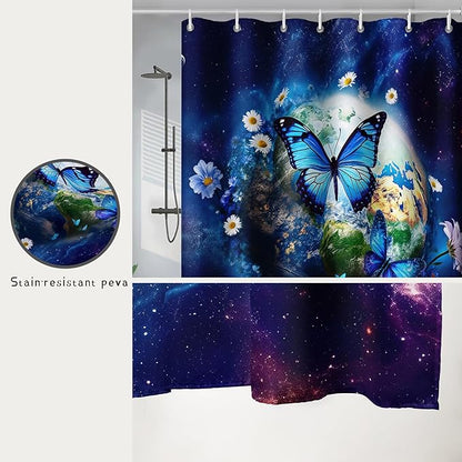 AILONEN Blue Butterfly Shower Curtain 36" W*72" H,Mystic Galaxy Earth Starry Bathroom Decor,Modern Floral Butterfly Bath Curtain Polyester Waterproof Bathroom Curtain with 12 Hooks